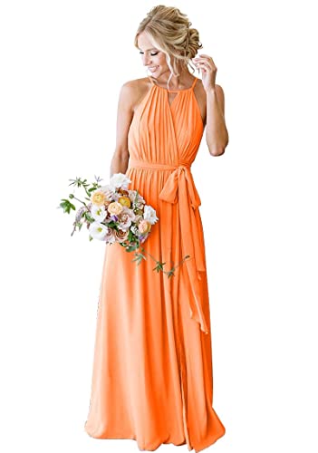 HUINI Lang Brautjungfernkleid Chiffon Schlicht Elegant Hochzeitsgast Kleid Große Größen für Mollige Orange 38 von HUINI