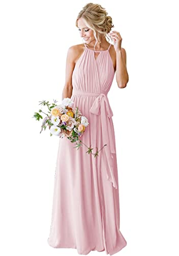 HUINI Lang Brautjungfernkleid Chiffon Schlicht Elegant Hochzeitsgast Kleid Große Größen für Mollige Rosa 38 von HUINI