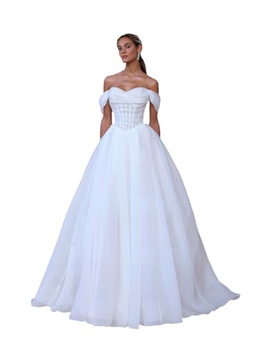 HUINI Langes Brautkleider mit Schleppe Chiffon A-Linie Schulterfrei Hochzeitskleid für Damen Weiß 48 von HUINI