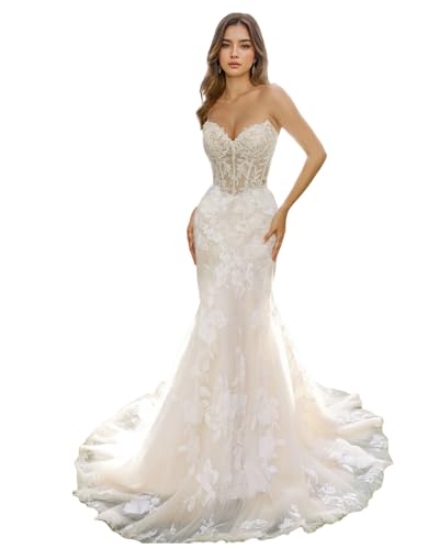 HUINI Langes Meerjungfrau Brautkleid Tüll Spitze Strand Brautkleid für Braut Ballkleider Elfenbein 36 von HUINI