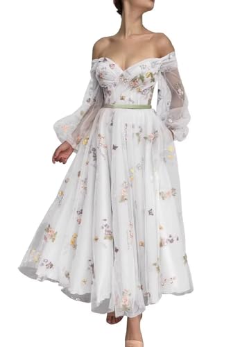 HUINI Mädchen Ballkleider mit Ärmel - A-Linie Blumen Applikationen Lang Prom Partykleid A-Weiß 36 von HUINI