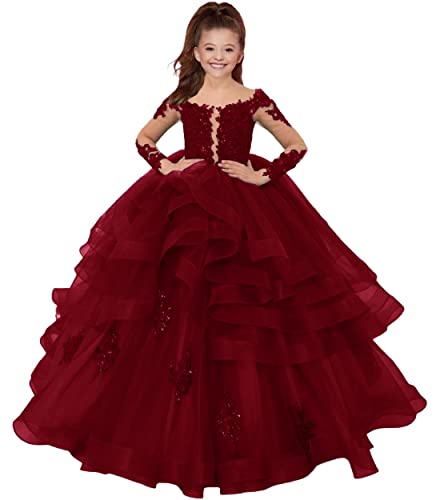 HUINI Mädchen Hochzeitskleid Feier Kleid Spitzen Applikationen Prinzessin Ballkleid Langarm Party Maxikleid Burgund 3 Jahre von HUINI