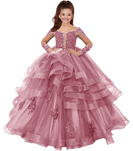 HUINI Mädchen Lang Ballkleider Blumenmädchen Kleid für Hochzeit Spitzen Langarm Kinder Partykleid Baby pink 12 Jahre von HUINI