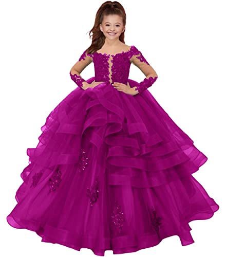 HUINI Mädchen Prinzessin Kleid Festliche Langarm Partykleid Tülle Festzug Kleider Hochzeit Brautjungfern Blumenmädchen Kleider Fuchsie 14 Jahre von HUINI