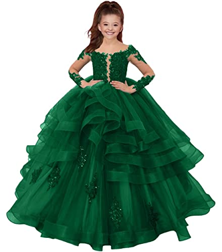 HUINI Mädchen Prinzessin Kleid Festliche Langarm Partykleid Tülle Festzug Kleider Hochzeit Brautjungfern Blumenmädchen Kleider Grün 7 Jahre von HUINI