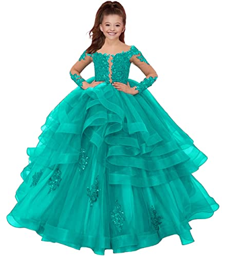 HUINI Mädchen Prinzessin Kleid Festliche Langarm Partykleid Tülle Festzug Kleider Hochzeit Brautjungfern Blumenmädchen Kleider Türkis 7 Jahre von HUINI