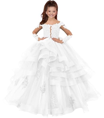 HUINI Mädchen Prinzessin Kleid Festliche Langarm Partykleid Tülle Festzug Kleider Hochzeit Brautjungfern Blumenmädchen Kleider Weiß 13 Jahre von HUINI