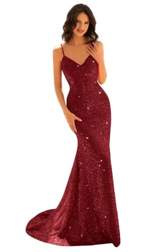 HUINI Meerjungfrau Pailletten Ballkleid V-Ausschnitt Lang Formales Abendkleid Glitzer Cocktail Partykleid für Damen Burgund 38 von HUINI