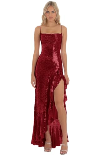 HUINI Meerjungfrau Pailletten Ballkleider Langes Spaghetti-Träger Abendkleid mit Rüschen Schlitz Glitzerndes Cocktailkleid für Frauen Weinrot 36 von HUINI