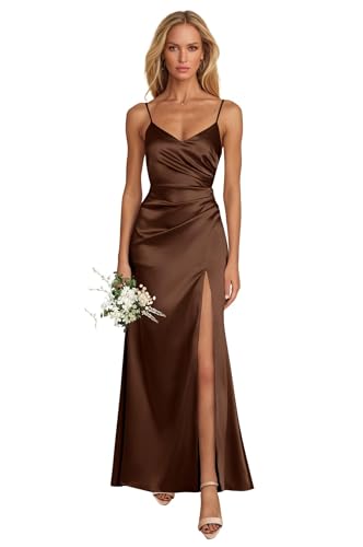 HUINI Meerjungfrau Satin Brautjungfernkleider Lang Falten V-Ausschnitt Hochzeit Partykleid Braun 36 von HUINI