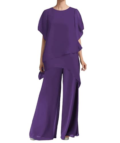 HUINI Mutter der Braut Hosenanzug 2 Stücke Chiffon Hochzeitsgast Kleid für Damen Formell Abendkleid Set Violett 44 von HUINI