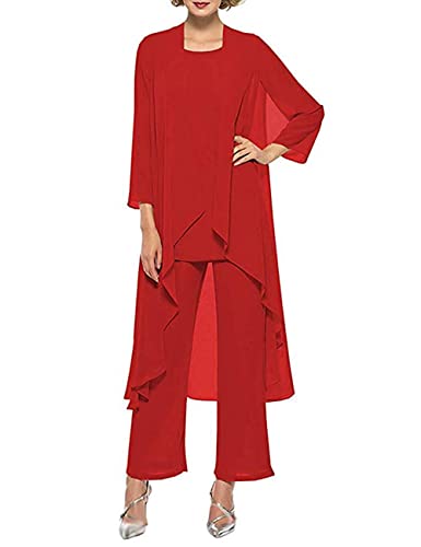 HUINI Mutter der Braut Hosenanzug 3 Stück Formell Hochzeit Gast Kleid für Damen Chiffon Lang Abendkleid Set mit Jacke Rot 42 von HUINI