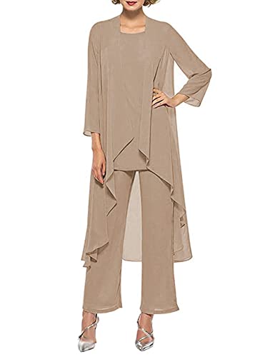 HUINI Mutter der Braut Hosenanzug 3 Stück Formell Hochzeit Gast Kleid für Damen Chiffon Lang Abendkleid Set mit Jacke Taupe 50 von HUINI