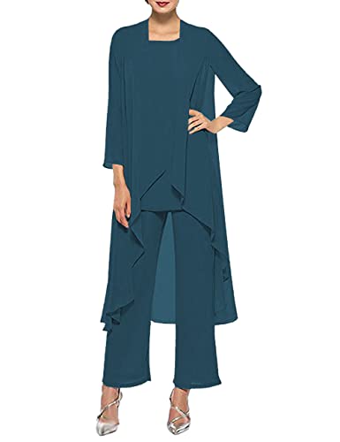 HUINI Mutter der Braut Hosenanzug 3 Stück Formell Hochzeit Gast Kleid für Damen Chiffon Lang Abendkleid Set mit Jacke Tinteblau 50 von HUINI