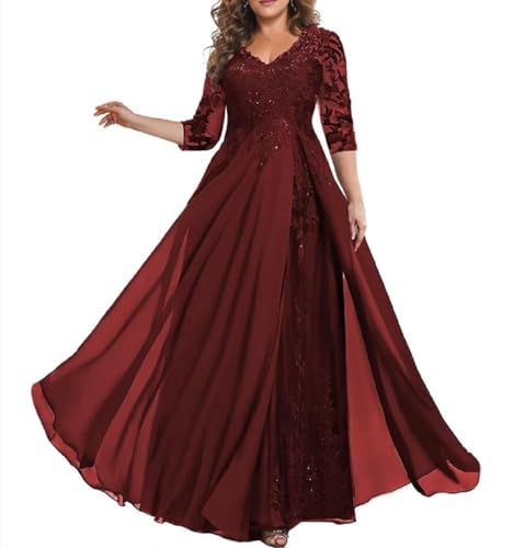HUINI Mutter der Braut Kleid mit Ärmel Lang Chiffon Elegant Hochzeitsgast Kleid A-Linie Dunkel-rot 48 von HUINI