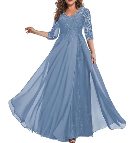HUINI Mutter der Braut Kleid mit Ärmel Lang Chiffon Elegant Hochzeitsgast Kleid A-Linie Schmutzigblau 48 von HUINI