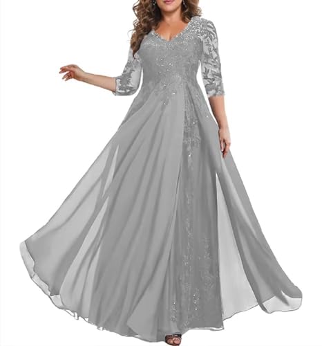 HUINI Mutter der Braut Kleid mit Ärmel Lang Chiffon Elegant Hochzeitsgast Kleid A-Linie Silber 48 von HUINI