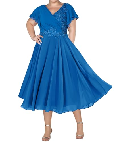 HUINI Mutter der Braut Kleider V-Ausschnitt Geraffte Ärmel Hochzeit Gastkleid Spitze Chiffon Formelle Abendkleider Teelänge Ozeanblau 58 von HUINI