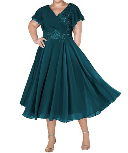 HUINI Mutter der Braut Kleider V-Ausschnitt Geraffte Ärmel Hochzeit Gastkleid Spitze Chiffon Formelle Abendkleider Teelänge Türkisblau 54 von HUINI