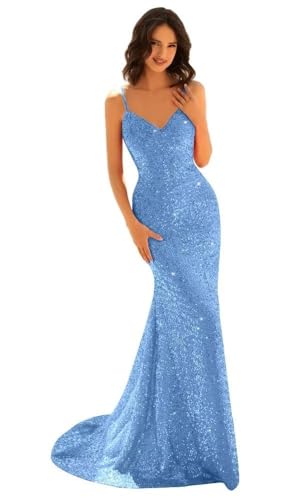 HUINI Pailletten Meerjungfrau Abschlussballkleid 2025 Lang Spaghettiträger V-Ausschnitt Elegant Abendkleid für Damen Blau 56 von HUINI