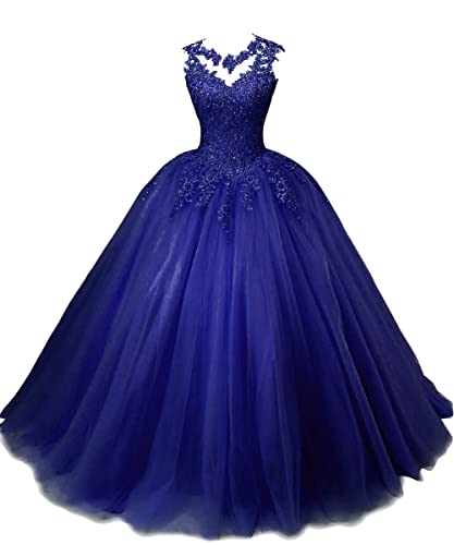 HUINI Quinceanera Kleid Tüll Prinzessin Ballkleid A-Linie Abiballkleid für Mädchen Retro Festkleid Königsblau 38 von HUINI