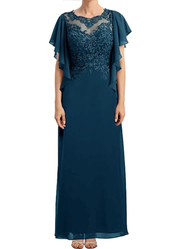 HUINI Rüschen Kurze Ärmel Spitze Applikationen Mutter der Braut Kleider für Hochzeit Lange Chiffon Abendkleider Teal 42 von HUINI