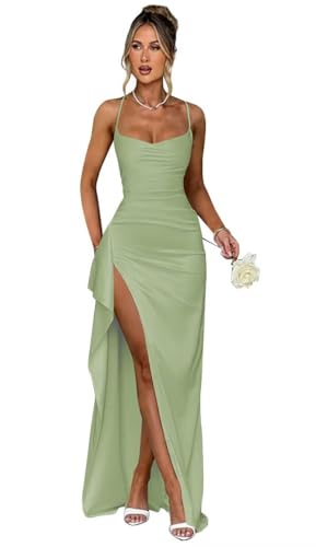 HUINI Satin Brautjungfernkleid Lang Meerjungfrau Hochzeit Partykleid für Damen Große Größen Salbei 34 von HUINI