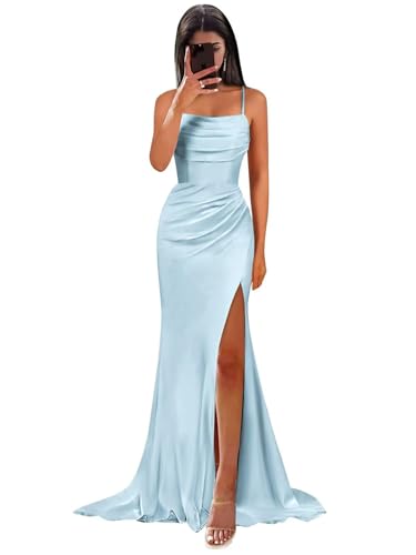 HUINI Satin Brautjungfernkleider Lang Damen Meerjungfrau Falten Abiballkleid mit Schlitz Eisblau 44 von HUINI