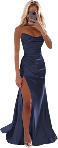 HUINI Satin Brautjungfernkleider Lang Glitzer Trägerlose Ballkleid mit Schlitz Rückenfrei Navy 32 von HUINI