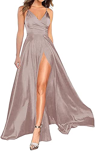 HUINI Satin Brautjungfernkleider Lang mit Schlitz Hochzeitsgast Kleid für Damen Schlicht Abendkleid Mauve 36 von HUINI