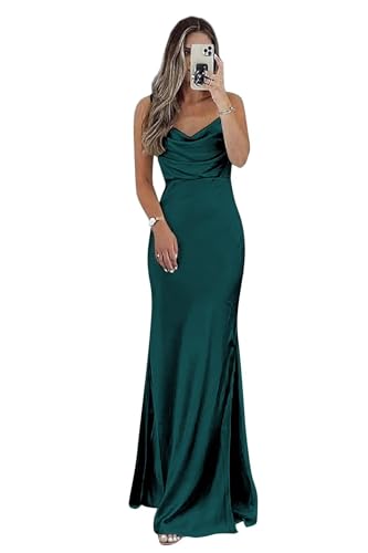HUINI Satin Brautjungfernkleider Spaghettiträger Lang Ballkleid mit Schlitz Rückenfrei Dunkelgrün-B 46 von HUINI
