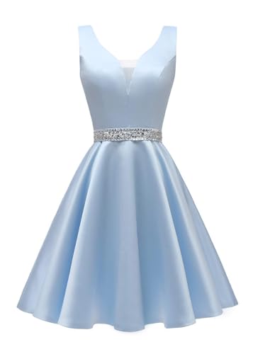HUINI Satin Cocktailkleider Kurze Ballkleider Abendkleider Glitzer A-Linie Brautjungfernkleider Rückenfreies Ballkleid Himmelblau 36 von HUINI