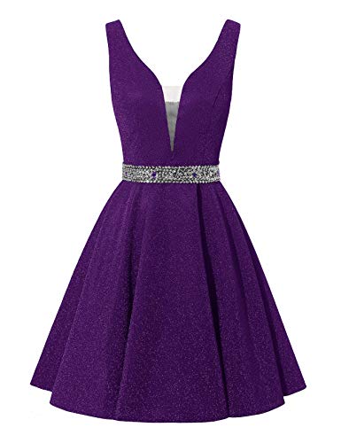 HUINI Satin Cocktailkleider Kurze Ballkleider Abendkleider Glitzer A-Linie Brautjungfernkleider Rückenfreies Ballkleid Lila 40 von HUINI