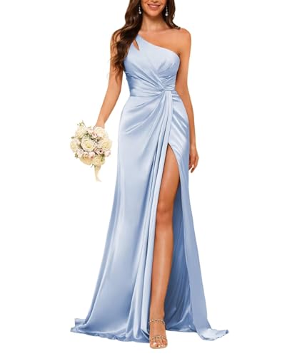 HUINI Satin Hochzeit Brautjungfernkleid Lang EIN-Schulter Ärmellos Hochzeitsgast Kleid für Damen Lavendel 38 von HUINI