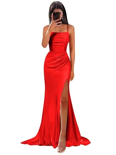 HUINI Satin Hochzeit Brautjungfernkleider Lang Meerjungfrau Formales Abendkleid Ballkleid Rot 38 von HUINI