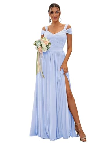 HUINI Schulterfreie Chiffon Brautjungfernkleider für Frauen Lang mit Schlitz Formelles Kleid Flieder 48 von HUINI