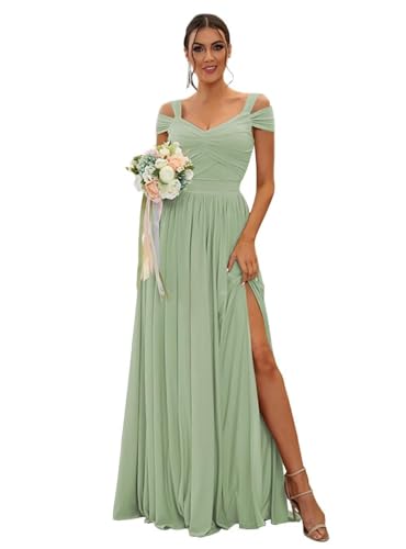 HUINI Schulterfreie Chiffon Brautjungfernkleider für Frauen Lang mit Schlitz Formelles Kleid Salbeigrün 42 von HUINI