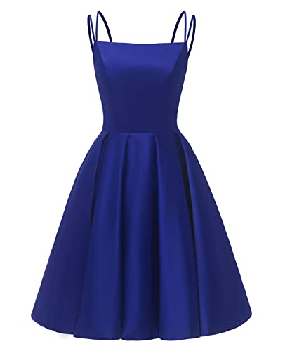 HUINI Spaghettiträger Abschluss Ballkleid A-Linie Glitzer Satin Prom Kleid Kurz Rückenfrei Partykleid Königsblau 36 von HUINI