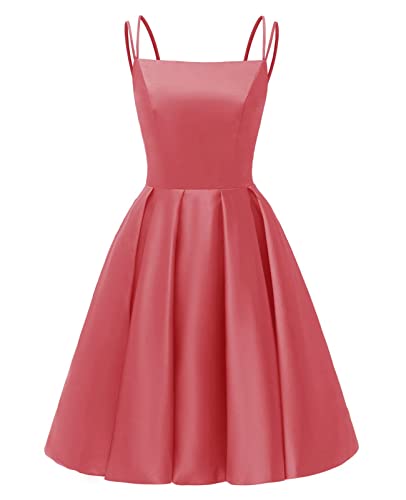 HUINI Spaghettiträger Abschluss Ballkleid A-Linie Glitzer Satin Prom Kleid Kurz Rückenfrei Partykleid Koralle 36 von HUINI