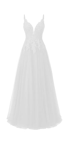 HUINI Spitze Ballkleid Lang Damen V-Ausschnitt Tüll Glitzer Abendkleid Hochzeit Brautjungfernkleid Cocktailkleider Weiß 40 von HUINI