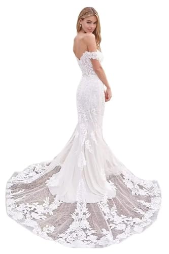 HUINI Spitze Brautkleid Standesamt Lang - Schulterfrei Meerjungfrau Hochzeitskleid für Damen Weiß 36 von HUINI