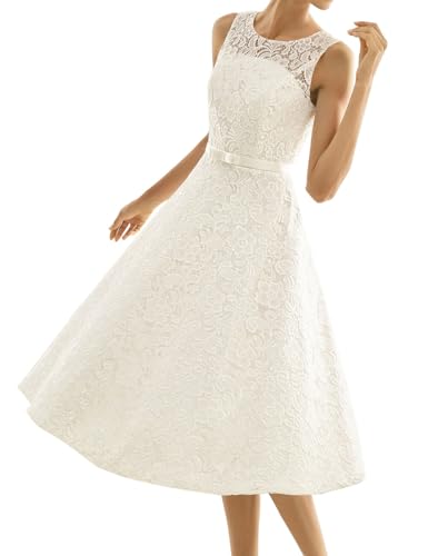 HUINI Spitze Brautkleider Kurze Vintage A-Linie Schlichte Hochzeitskleider Wadenlang Cocktailkleider Partykleider Elfenbein 38 von HUINI