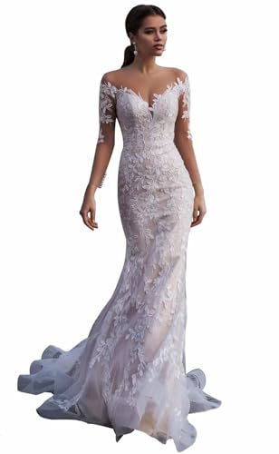HUINI Spitze Lang Brautkleid Hochzeitskleid für Damen Meerjungfrau Prinzessin Boho Braut Maxikleid Rückenfrei Champagner 36 HUINI Spitze Lang Brautkleid Hochzeitskleid für Damen Meerjungfrau Prinzessin Boho Braut Maxikleid Rückenfrei Champagner 36 von HUINI