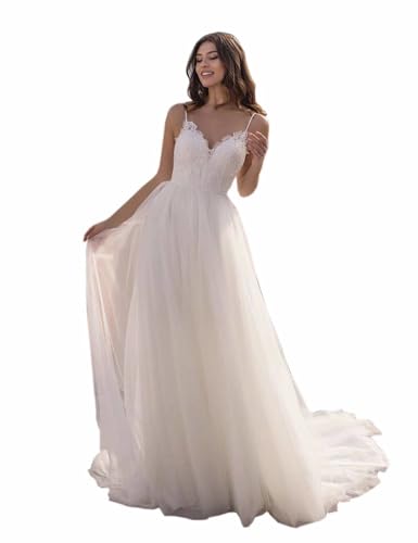 HUINI Spitze Lang Brautkleid Hochzeitskleid für Damen Meerjungfrau Prinzessin Boho Braut Maxikleid Rückenfrei Elfenbein 36 von HUINI
