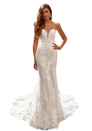 HUINI Spitze Lang Brautkleid Hochzeitskleid für Damen Meerjungfrau Prinzessin Boho Braut Maxikleid Rückenfrei Elfenbein 36 von HUINI