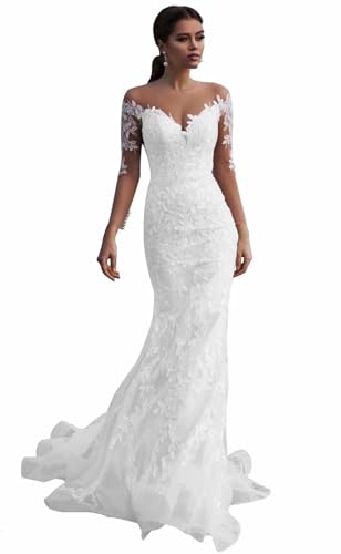 HUINI Spitze Lang Brautkleid Hochzeitskleid für Damen Meerjungfrau Prinzessin Boho Braut Maxikleid Rückenfrei Weiß 36 von HUINI
