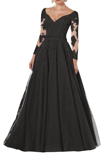 HUINI Spitzen Abendkleider Lang Vintage Ballkleider Brautmutterkleider A-Linie Hochzeitskleid Langarm Schwarz 46 von HUINI