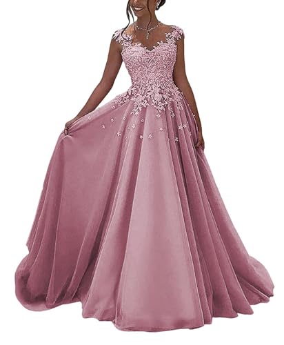 HUINI Spitzen Ballkleider Lang - Formell Abendkleid Prinzessin A-Linie Hochzeitsgast Kleid Ärmellos Festkleid Blush 38 von HUINI