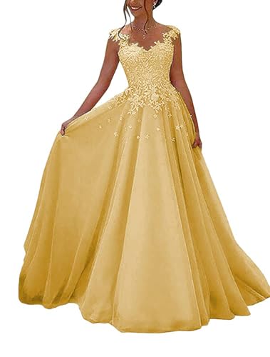 HUINI Spitzen Ballkleider Lang - Formell Abendkleid Prinzessin A-Linie Hochzeitsgast Kleid Ärmellos Festkleid Gold 54 von HUINI