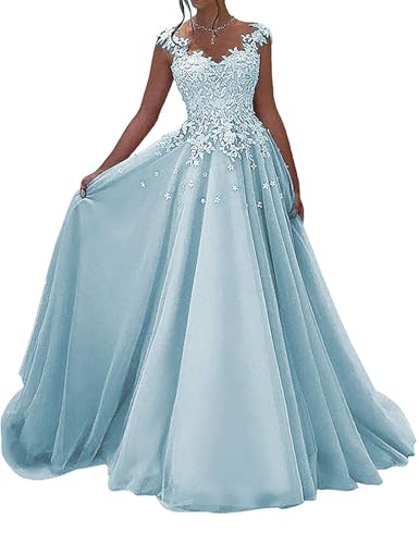 HUINI Spitzen Ballkleider Lang - Formell Abendkleid Prinzessin A-Linie Hochzeitsgast Kleid Ärmellos Festkleid Himmelblau 38 von HUINI